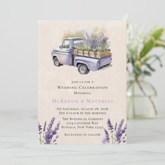 パープルウィステリアヴィンテージ結婚トラックお祝い 招待状 (スタンド正面)