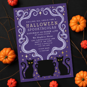 パープルウィッチブラックキャットコルドロン・ハロウィンパーティー 箔招待状
