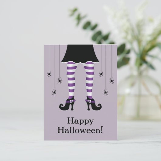 パープルウィッチレッグアンドスパイダーズハッピーハローウィン文字 ポストカード (スタンド正面)