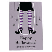 パープルウィッチレッグアンドスパイダーズハッピーハローウィン文字 ミディアムペーパーバッグ (裏面)