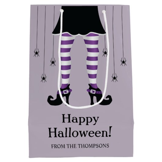 パープルウィッチレッグアンドスパイダーズハッピーハローウィン文字 ミディアムペーパーバッグ (裏面)
