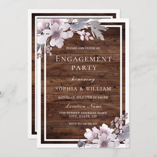 パープルウィンターフローラ素朴婚約パーティ 招待状 (正面/裏面)