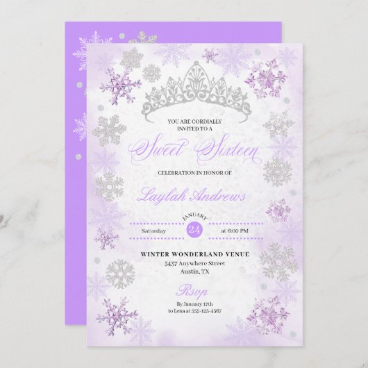 パープルウィンターワンダーランドスノーフレークスウィート16 招待状 (正面/裏面)