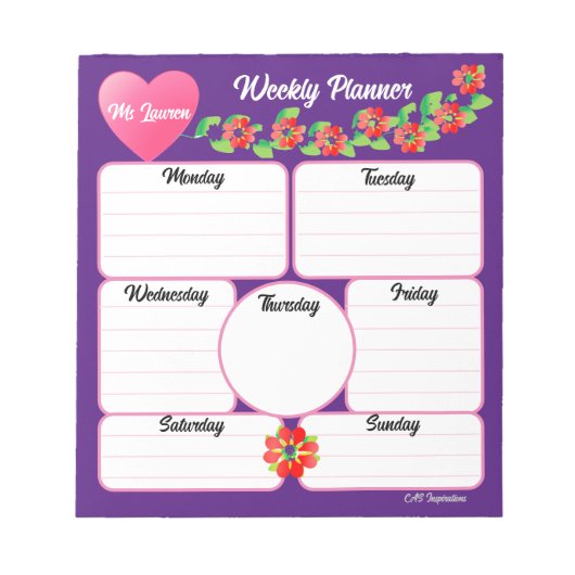 パープルウィークリープランナー花配置メモ帳 ノートパッド (正面)