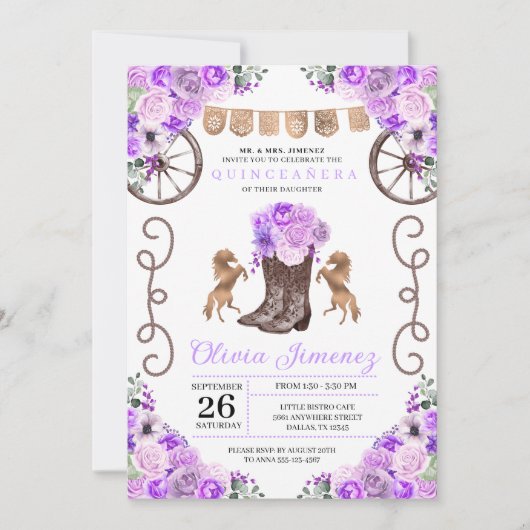 パープルウエスタンチャラフローラブーツキンセアニラ 招待状 (正面)