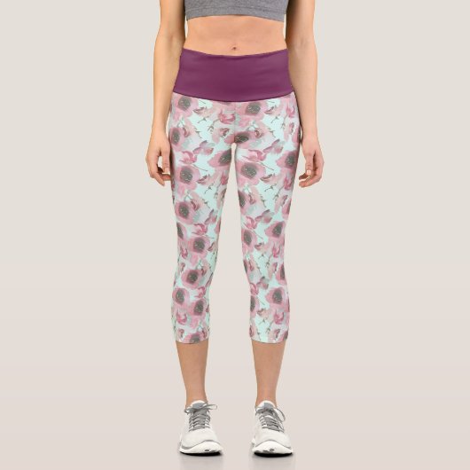 パープルウエストフローラプリントブルーヨガパンツ カプリレギンス (正面)