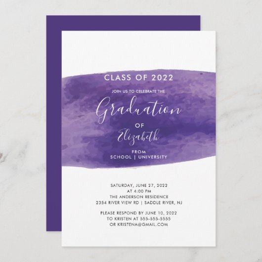 パープルウォーターの色洗卒業パーティー招待状 招待状 (正面/裏面)