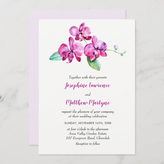 パープルウォーターエレガントカラー蘭フローラ結婚ズ 招待状 (正面/裏面)