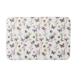 パープルウォーターカラーの野の花と蝶と蜂 バスマット