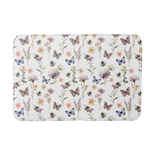 パープルウォーターカラーの野の花と蝶と蜂 バスマット (正面)