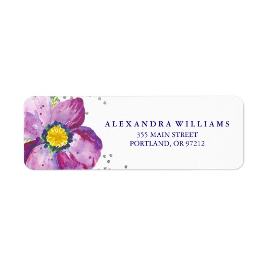 パープルウォーターカラーアネモネフラワーシルバーグリッター ラベル (正面)