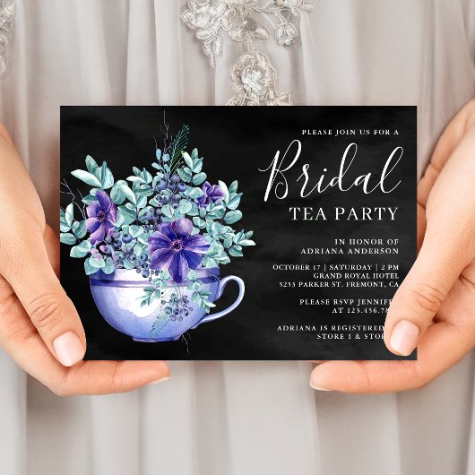 パープルウォーターカラーアネモンスブラックブライダルティーパーティー 招待状