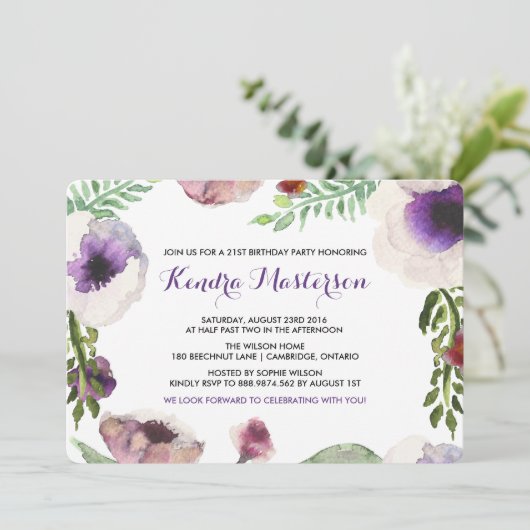パープルウォーターカラーアネモン誕生日招待状 招待状 (スタンド正面)