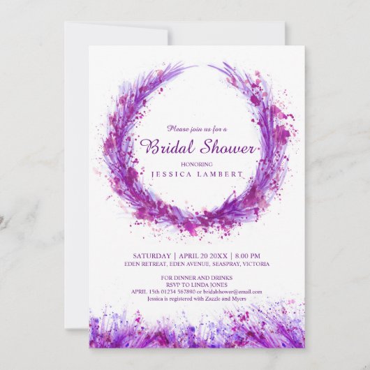 パープルウォーターカラーアートスプラットブライダルシャワー招待状 招待状 (正面)