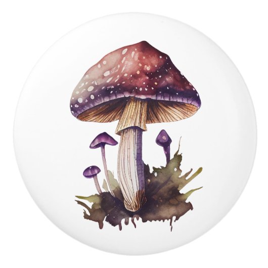 パープルウォーターカラーウッドランドマッシュルームコテージコア セラミックノブ (正面)