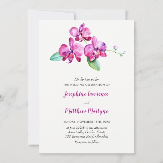 パープルウォーターカラーオーキッド結婚フローラ 招待状 (正面)