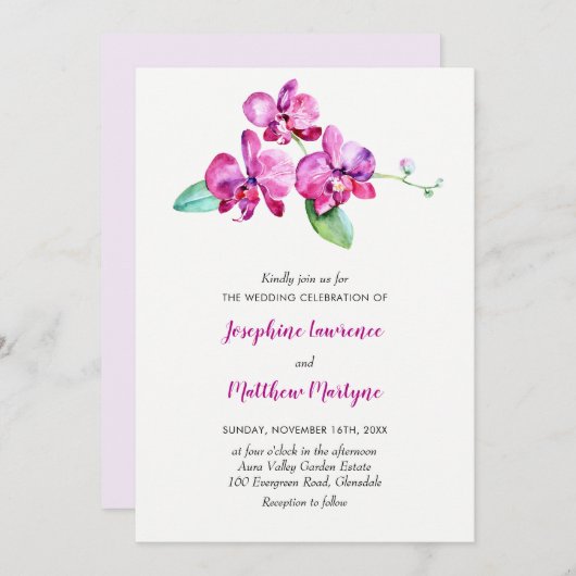 パープルウォーターカラーオーキッド結婚フローラ 招待状 (正面/裏面)
