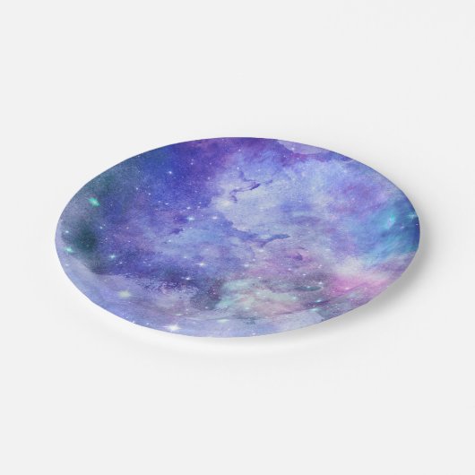 パープルウォーターカラースターリースカイ宇宙ラバー銀河系 ペーパープレート (アングル)