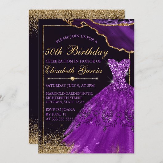 パープルウォーターカラードレスエーゲート誕生日 招待状 (正面/裏面)