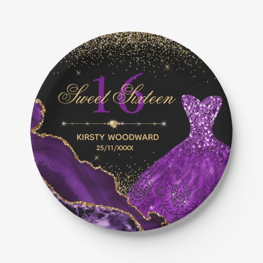 パープルウォーターカラードレススイート16誕生日 ペーパープレート (正面)