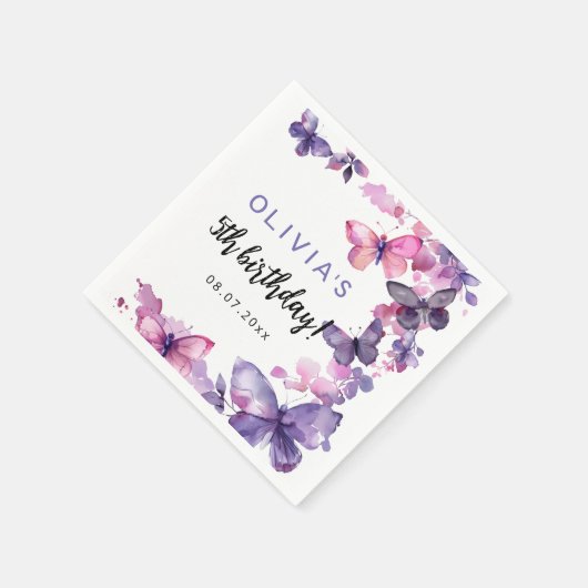 パープルウォーターカラーバタフライガールズ誕生日 スタンダードカクテルナプキン (角)
