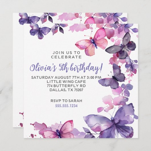 パープルウォーターカラーバタフライガールズ誕生日 招待状 (正面/裏面)
