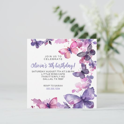パープルウォーターカラーバタフライガールズ誕生日 招待状 (スタンド正面)