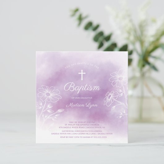 パープルウォーターカラーバプティスマ《キリスト教》洗礼式や命名式 招待状 (スタンド正面)