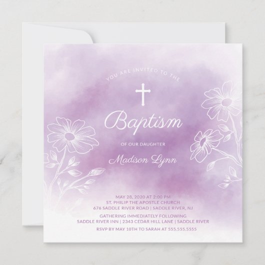 パープルウォーターカラーバプティスマ《キリスト教》洗礼式や命名式 招待状 (正面)