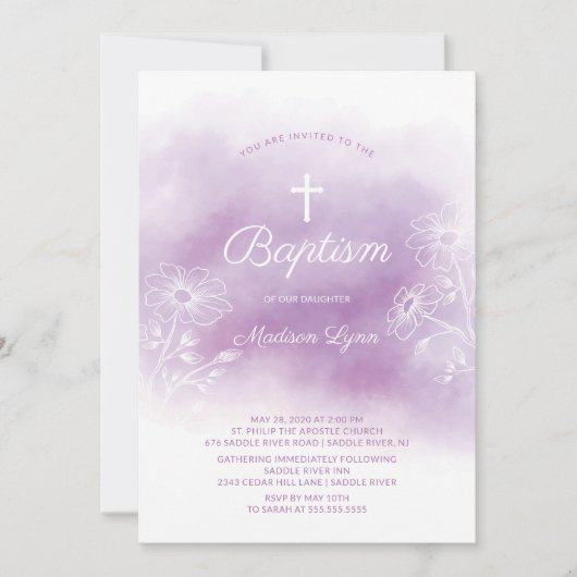 パープルウォーターカラーバプテスマ《キリスト教》洗礼式や命名式 招待状 (正面)