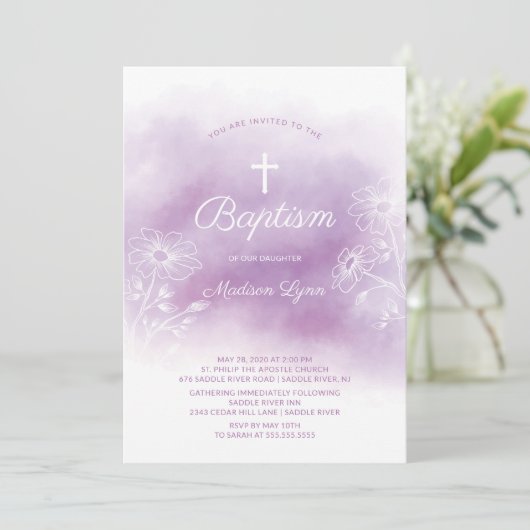 パープルウォーターカラーバプテスマ《キリスト教》洗礼式や命名式 招待状 (スタンド正面)