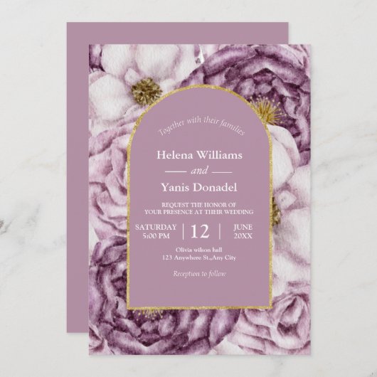 パープルウォーターカラーバラ&金ゴールドアーチ 招待状 (正面/裏面)