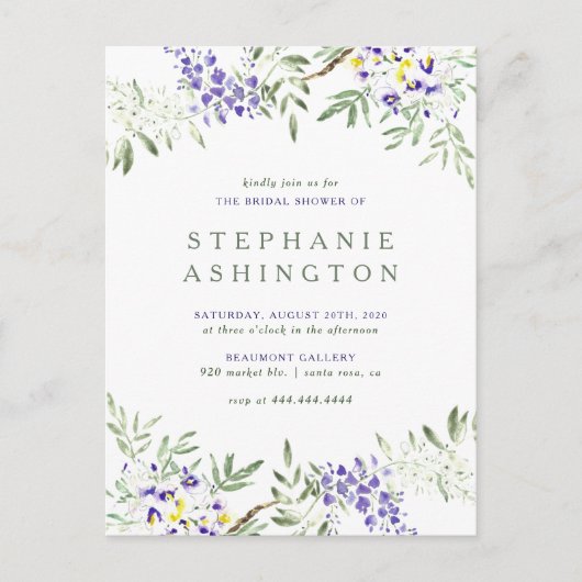 パープルウォーターカラーフジテリアブライダルシャワー インビテーションポストカード (正面)