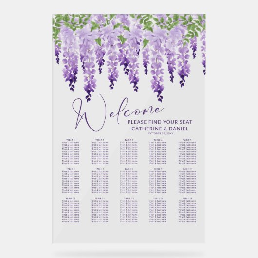 パープルウォーターカラーフジテリア薄紫結婚フローラ アクリルサイン (正面)