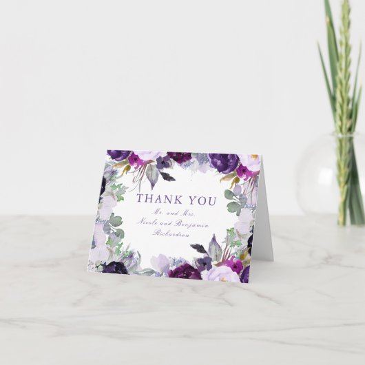 パープルウォーターカラーフラワーウェディングサンキューレター サンキューカード (正面)