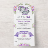 パープルウォーターカラーフラワーエレファントベイビーシャワー オールインワン招待状 (内側)