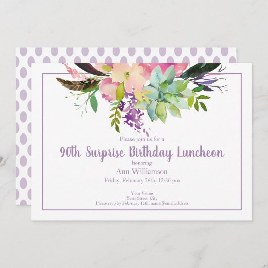 パープルウォーターカラーフラワー90thサプライズ誕生日 招待状 (正面/裏面)