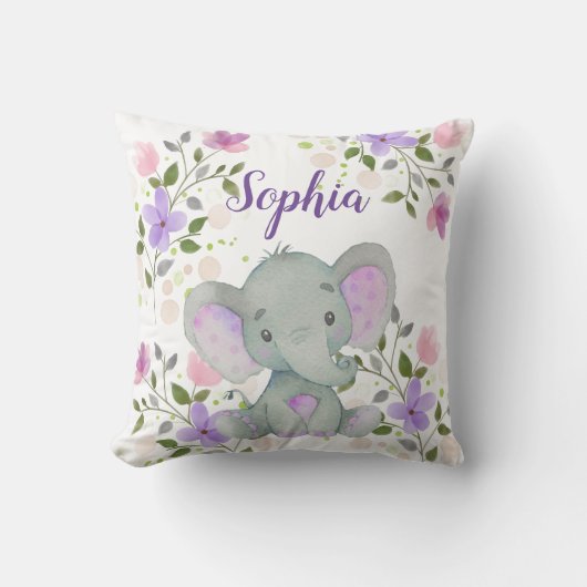 パープルウォーターカラーフローラエレファントガール子供部屋 クッション (正面)
