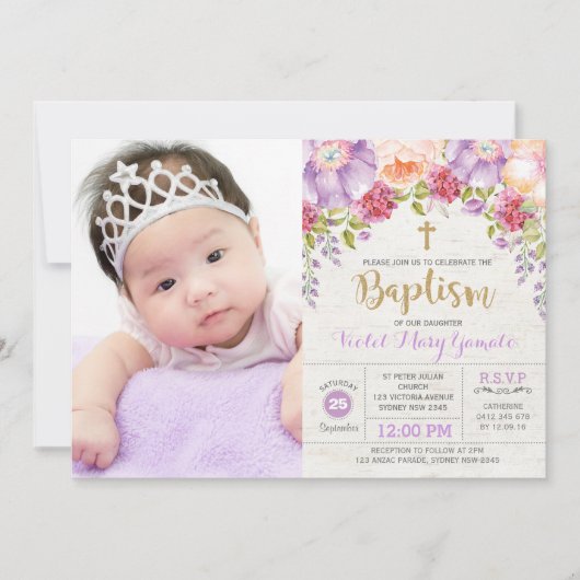 パープルウォーターカラーフローラガールバプティスマ《キリスト教》洗礼式や命名式 招待状 (正面)