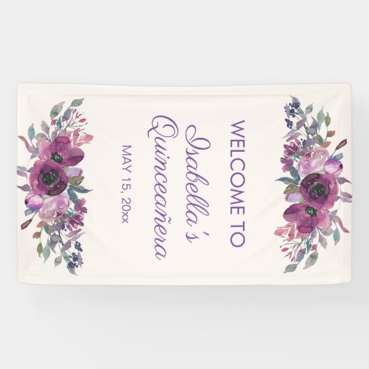 パープルウォーターカラーフローラクインセアニラウェルカムバーン 横断幕 (横)