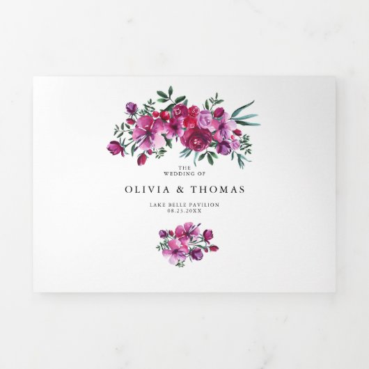パープルウォーターカラーフローラハート結婚ブーケ 三つ折り招待状 (カバー)