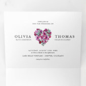 パープルウォーターカラーフローラハート結婚ブーケ 三つ折り招待状 (内部最初)