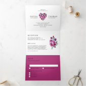 パープルウォーターカラーフローラハート結婚ブーケ 三つ折り招待状 (内部)