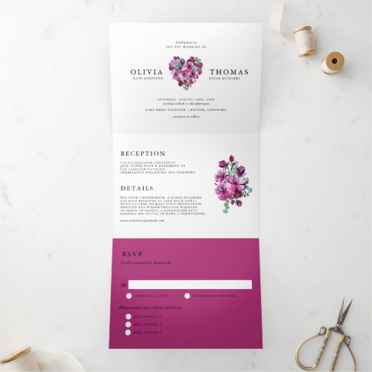 パープルウォーターカラーフローラハート結婚ブーケ 三つ折り招待状 (内部)