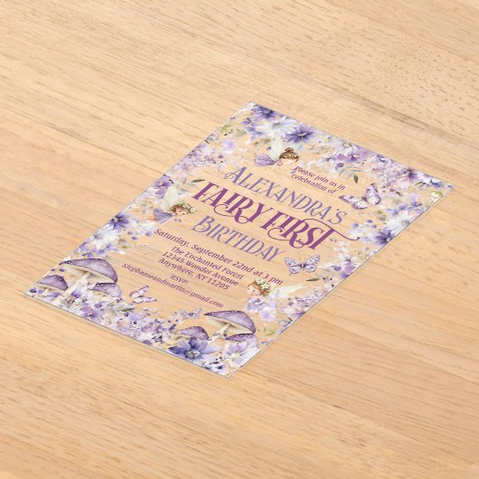 パープルウォーターカラーフローラフェアリー第1誕生日 アクリル招待状 (レイダウン)