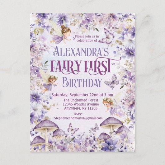 パープルウォーターカラーフローラフェアリー第1誕生日 インビテーションポストカード (正面)