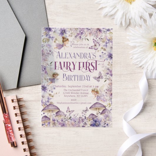 パープルウォーターカラーフローラフェアリー第1誕生日 ベラム紙招待状 (ウェディング)