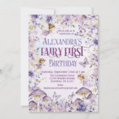 パープルウォーターカラーフローラフェアリー第1誕生日 招待状 (正面)