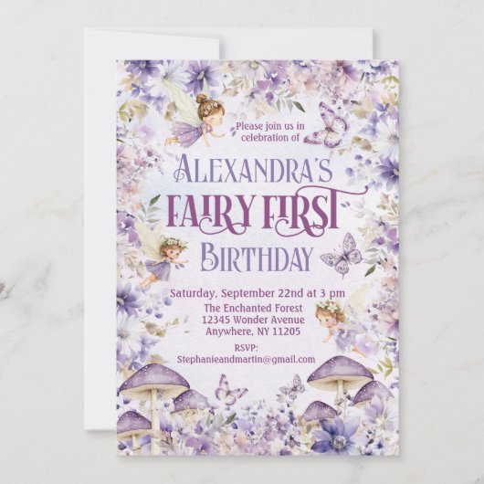 パープルウォーターカラーフローラフェアリー第1誕生日 招待状 (正面)