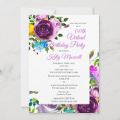 パープルウォーターカラーフローラルバーチャルバースデーパーティー 招待状 (正面)